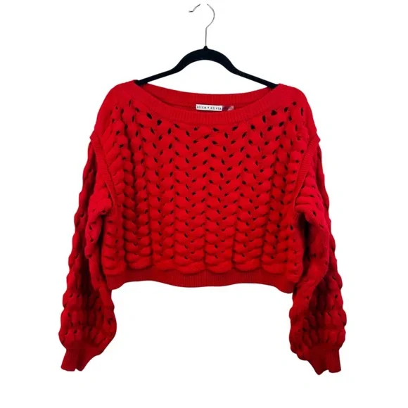 Alice + Olivia Bright Ruby Red Allene Cable Stitch Chunky Wool Sweater Sz. SP - Picture 3 of 11